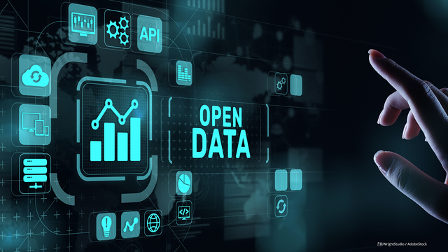 Visualisierung eines Touch-Bildschirms, auf dem unterschiedliche Symbole in Kacheln abgebildet sind. In deren Mitte befindet sich ein Diagramm. Rechts davon ist der Schriftzug "Open Data" zu erkennen. Ganz am rechten Bildrand ist zudem eine Hand abgebildet, deren Zeigefinger gereckt ist - kurz davor den Bildschirm zu berühren.