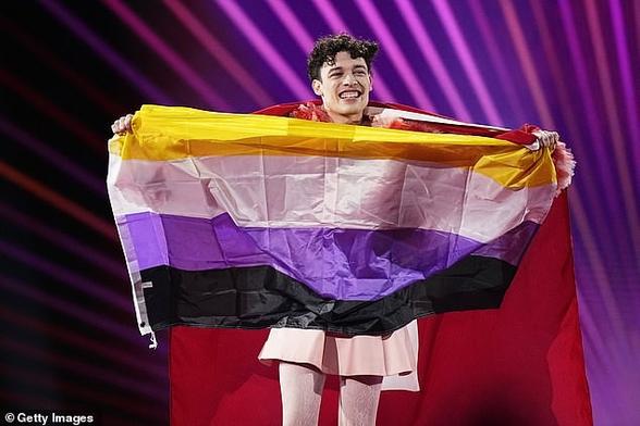 Eurovision acts have reportedly been banned from taking Pride flags onto the stage for the 2025 competition in Switzerland (Last year's winner Nemo pictured with the non-binary flag)