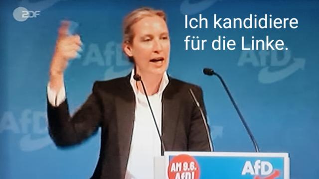 Weidel mit erhobenem Zeigefinger, spruch: ich kandidiere für die Linke