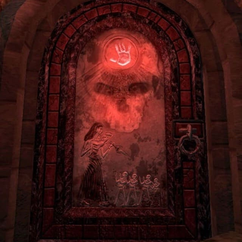 screenshot of old Oblivion dark brotherhood door with Night Mother and five children