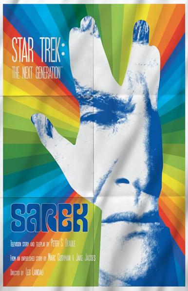 A poster for the Star Trek The Next Generation episode Sarek, featuring the face of Sarek within a hand that is making the peace sign, with rainbow colors radiating out.

Artist: Juan Ortiz

Source: https://a.co/d/1lfLBXv