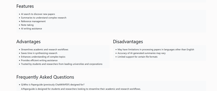Screenshot showing part of the information displayed for a specific tool, Paperguide.