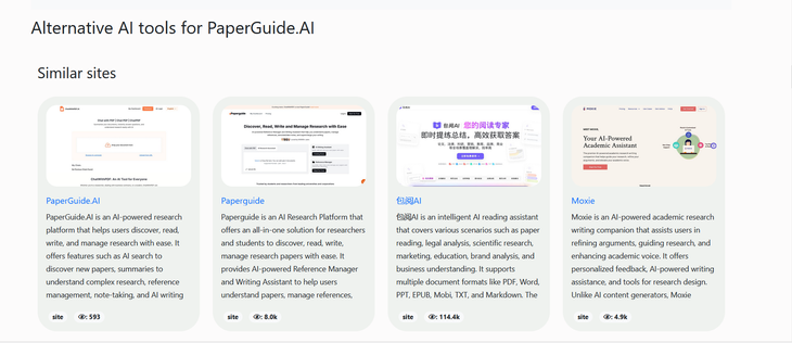 Screenshot showing more of the info displayed for a particular tool, Paperguide.  This screenshot shows alternative tools to Paperguide that perform a similar function.