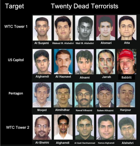 A series of mugshots of the 19 terrorists that died during the 9/11 attacks. A photo of Ashli Babbitt completes the row of 5 terrorist who died while conducting a planned attack of the United States Capitol.