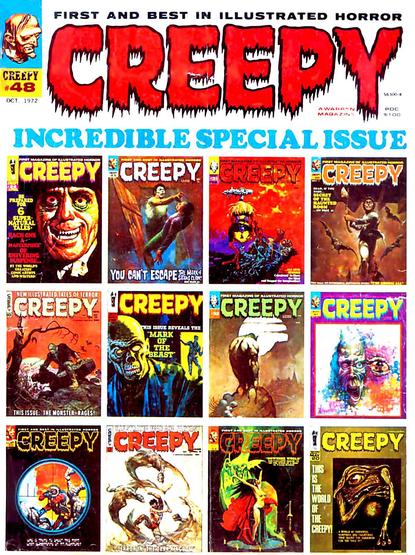 A grid of twelve different covers of the magazine, too many/various to describe in detail. Vampires, monsters, etc. Many of the covers have been featured on this account already.
Creepy magazine cover from 1972.
