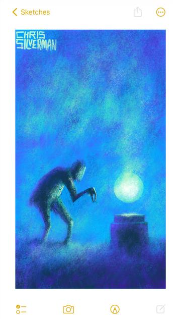 Night. A hunched, grotesque figure approaches a glowing greenish sphere hovering above a small pedestal. The figure extends a clawlike hand towards the sphere, from which greenish smoke is rising. The sky is a dark blue; the ground is a mix of black and soft purple. The painting is signed "Chris Silverman".