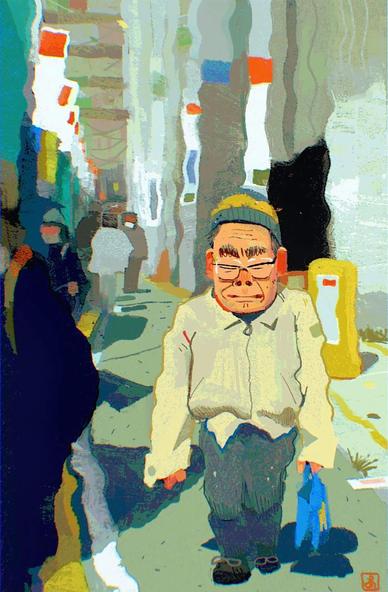 A person in a beige shirt and blue hat walks down a colorful alley lined with banners and signs, surrounded by shadowy figures.