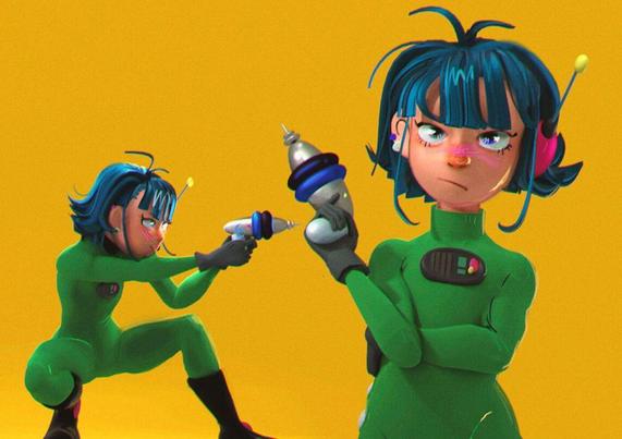 Two stylized characters in green outfits pose playfully against a bright yellow background, each holding futuristic toy guns.