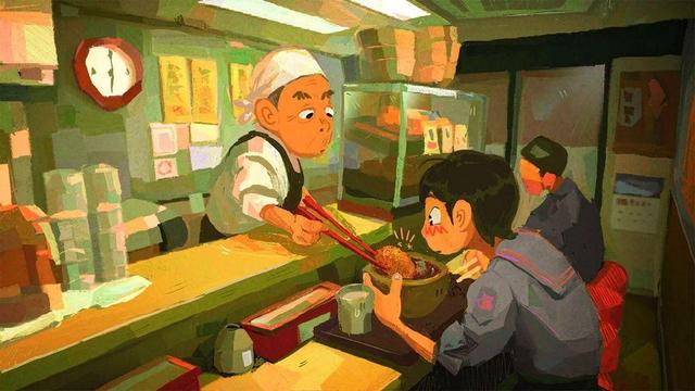 A young person in a sailor outfit eagerly watches as a chef hands her a bowl of food with chopsticks in a cozy restaurant setting.