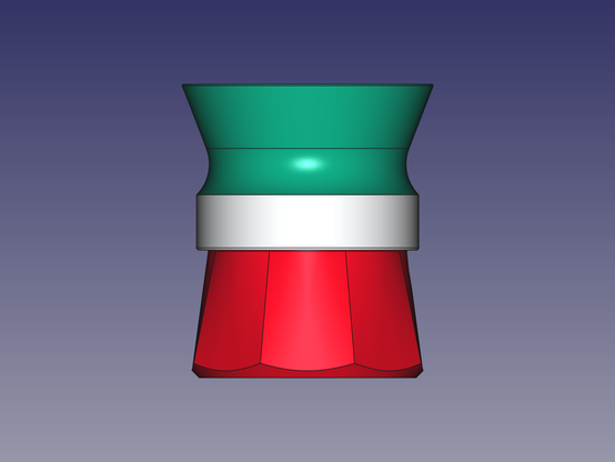 A screenshot from FreeCAD, showing the stand and funnel extension, front view. The extension is green and white, while the stand is red. Mimicking a) La Mokina and b) the Italian flag.