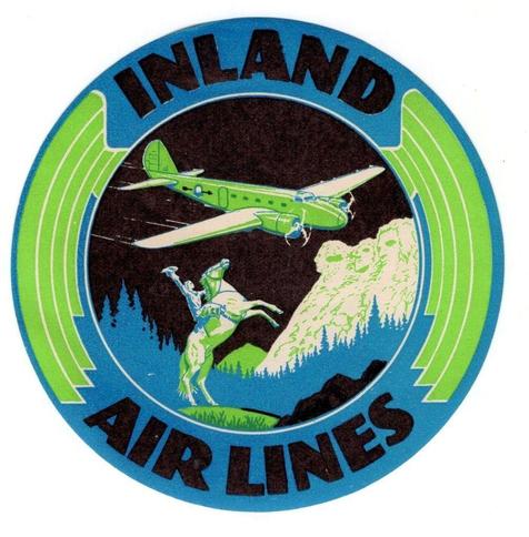 The label is round. the outer ring is the airline name. Inside is a man on a horse waving his hat as a plane flies over them and Mount Rushmore on the right.