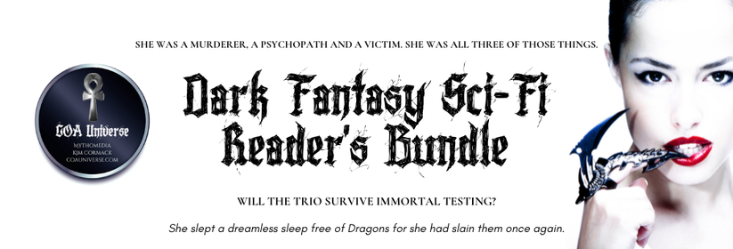 Dark Fantasy & Sci-Fi Reader's Bundle. A white banner with black calligraphy type, a pale and dark-haired woman and ruby-red lips stares at the viewer with Sauron-like claws on her first two fingers, touching her lips seductively.