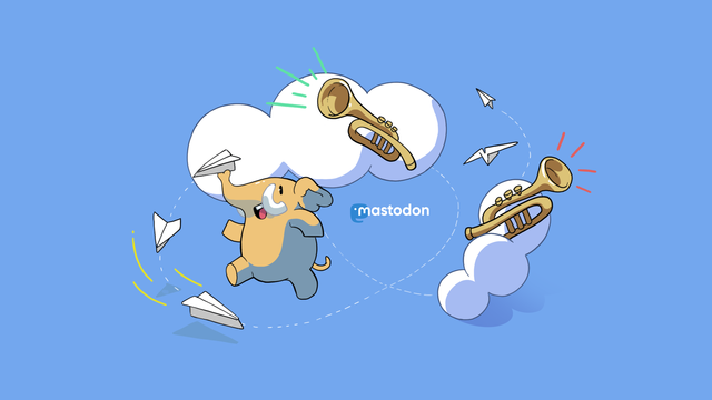 Sur fond de ciel bleu, un mastodon envoie des avions de papier et deux trompettes font entendre des pouets sonores.