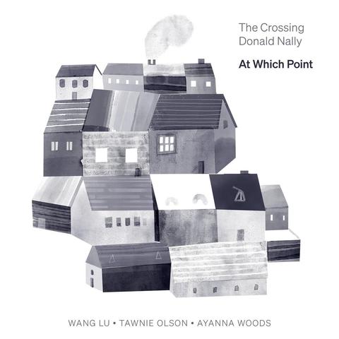Cover of The Crossing’s New Focus Recordings album “At Which Point”, featuring a monochrome graphic with a group of houses stacked on one another, perhaps on an invisible hillside.