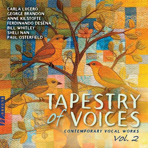 Cover of Navona Records album “Tapestry of Voices, Vol. 2”, featuring a graphic with a colorful quilt on which a tree with three birds on its branches is overlaid.