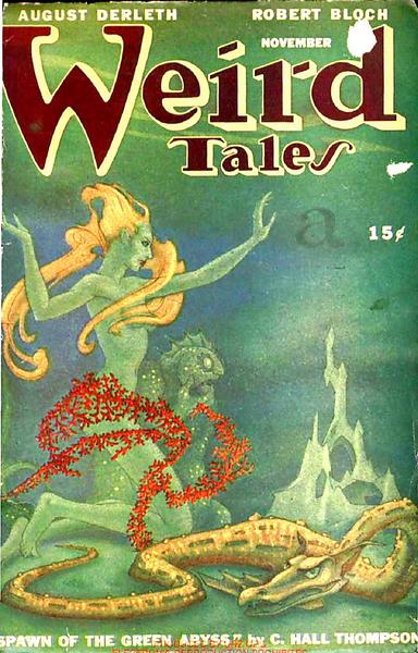 An undersea creature with orange hair swirling around its etiolated green body waves its arms as red seaweed swirls around; a sea-serpent/dragon creature is lying on the sea floor at its feet.
Weird Tales magazine cover from 1946.