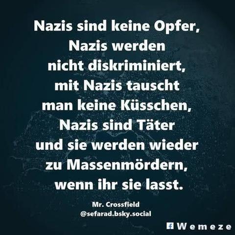 Dunkelgrünen Hintergrund mit Zitat:"Nazis sind keine Opfer,
Nazis werden
nicht diskriminiert,
mit Nazis tauscht
man keine Küsschen, Nazis sind Täter
und sie werden wieder
zu Massenmördern,
wenn ihr sie lasst.

Mr. Crossfield 
@sefarad.bsky.social

Ein Bild der Seite Wemeze