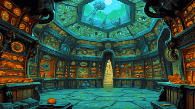 Pixel art of a chamber breathes, a cyclopean heart of stone and bronze, its walls a deep teal ocean rippled with a grid of gilded constellations, each panel a tiny window onto forgotten narratives framed in amber light. Miniature portraits bloom within these gilded squares, emblems like scattered jewels, and sculpted whispers of ages past, all warmed by a palette of sunset hues against the cool, enduring stone. The floor, a mosaic of twilight grey, cradles a solitary pumpkin, a burst of autumnal fire at the room’s center, while twin archways, carved from the same teal stone and laced with bronze filigree, beckon towards corridors veiled in shadow. Above, a circular skylight, a celestial eye, filters a muted lunar gaze through a web of bronze and glass, scattering the room in fractured moonlight, and the ceiling mirrors the walls, a continuation of the grid, a silent echo of the chamber’s profound and ancient geometry.