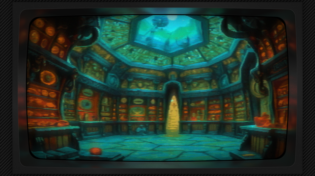 Pixel art of a chamber breathes, a cyclopean heart of stone and bronze, its walls a deep teal ocean rippled with a grid of gilded constellations, each panel a tiny window onto forgotten narratives framed in amber light. Miniature portraits bloom within these gilded squares, emblems like scattered jewels, and sculpted whispers of ages past, all warmed by a palette of sunset hues against the cool, enduring stone. The floor, a mosaic of twilight grey, cradles a solitary pumpkin, a burst of autumnal fire at the room’s center, while twin archways, carved from the same teal stone and laced with bronze filigree, beckon towards corridors veiled in shadow. Above, a circular skylight, a celestial eye, filters a muted lunar gaze through a web of bronze and glass, scattering the room in fractured moonlight, and the ceiling mirrors the walls, a continuation of the grid, a silent echo of the chamber’s profound and ancient geometry. The image has a CRT filter applied.