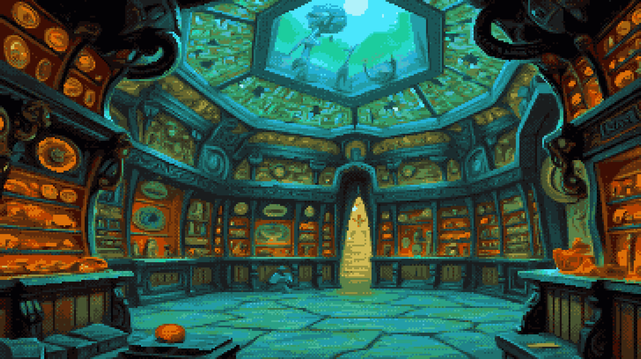 Pixel art of a chamber breathes, a cyclopean heart of stone and bronze, its walls a deep teal ocean rippled with a grid of gilded constellations, each panel a tiny window onto forgotten narratives framed in amber light. Miniature portraits bloom within these gilded squares, emblems like scattered jewels, and sculpted whispers of ages past, all warmed by a palette of sunset hues against the cool, enduring stone. The floor, a mosaic of twilight grey, cradles a solitary pumpkin, a burst of autumnal fire at the room’s center, while twin archways, carved from the same teal stone and laced with bronze filigree, beckon towards corridors veiled in shadow. Above, a circular skylight, a celestial eye, filters a muted lunar gaze through a web of bronze and glass, scattering the room in fractured moonlight, and the ceiling mirrors the walls, a continuation of the grid, a silent echo of the chamber’s profound and ancient geometry.