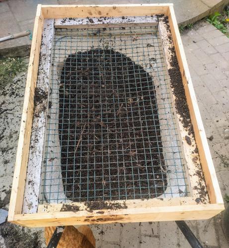 A photo of the contraption described in the text, taken from above and between the handles of the wheelbarrow. On top of the barrow is a rectangular wooden frame, with green mesh fixed in its centre. A brown hen is just in shot, coming out from under the barrow.