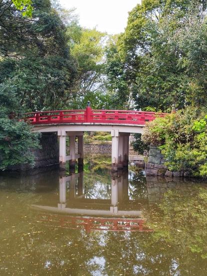 Picture taken from the other side of the pond: a pedestrian bridge, arched upwards for stability, with a red wooden banister. It connects across the pond leaving only a narrow connection for the water. Trees obscure the view beyond the bridge. Its reflection is slightly visible in the water, which is green and muddy, which makes this surprising.