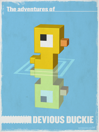 Minimalistic voxel artwork, showing a very stylized cute little duckling swimming in water. The accompanying text reads "The adventures of Devious Duckie."