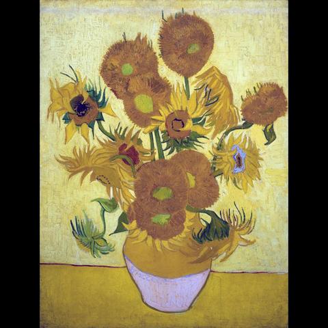 The image is a painting in the post-impressionist style, executed with bold colors and brushstrokes. It features a vase filled with sunflowers on a yellow background. The flowers are arranged in a loose bouquet with their bright yellows, oranges, and browns contrasting against the muted tones of the surrounding area. The artwork is a classic representation of Van Gogh’s technique and subject matter, focusing on vivid colors and expressive brushwork to convey emotion and movement.