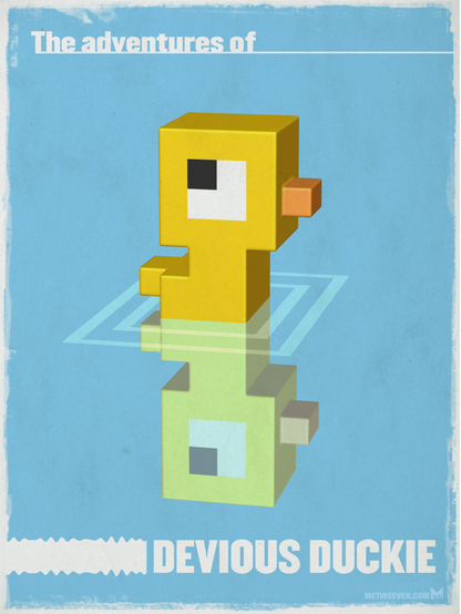 Minimalistic voxel artwork, showing a very stylized cute little duckling swimming in water. The accompanying text reads "The adventures of Devious Duckie."
