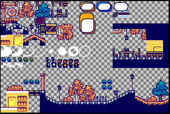 a colorful pixel-art tileset with chunky outlines, with some level design examples on the right and bottom. Mostly city tiles, autumn nature, coins, pipes, effects, wooden furniture and crates.