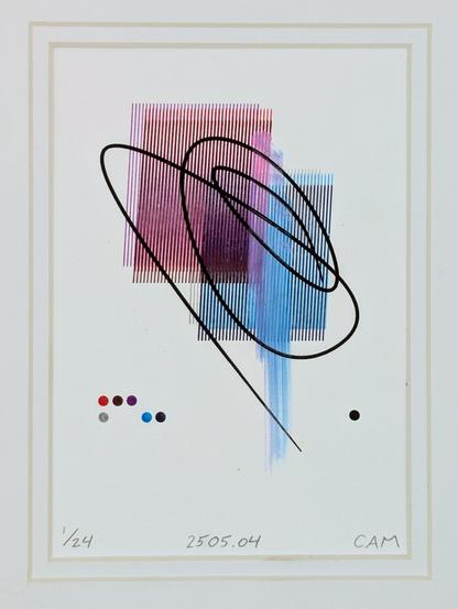 Abstract pen plotted print made with blocks of overlapping colorful pen lines and a layer of paint
