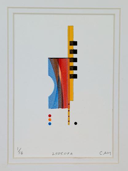 Abstract pen plotted print made with blocks of overlapping colorful pen lines and a layer of paint