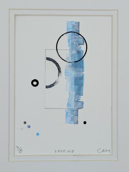 Abstract pen plotted print made with blocks of overlapping colorful pen lines and a layer of paint