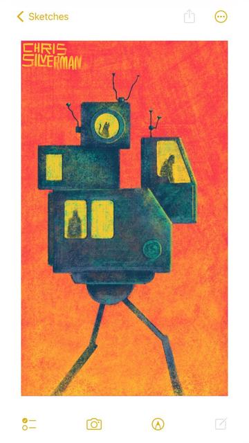 An odd metal machine on two spindly legs. The machine is a collection of boxy metal compartments that looks a little like a construction vehicle with a few more boxes pilled on. It is a dark, tarnished, coppery green. Each compartment has a few yellow windows in it; one shows the driver, one has a passenger, and one shows a cat. A few have thin, uneven antennas sticking out of them. The sky is a deep red-orange. The painting is signed "Chris Silverman".