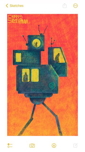 An odd metal machine on two spindly legs. The machine is a collection of boxy metal compartments that looks a little like a construction vehicle with a few more boxes pilled on. It is a dark, tarnished, coppery green. Each compartment has a few yellow windows in it; one shows the driver, one has a passenger, and one shows a cat. A few have thin, uneven antennas sticking out of them. The sky is a deep red-orange. The painting is signed "Chris Silverman".