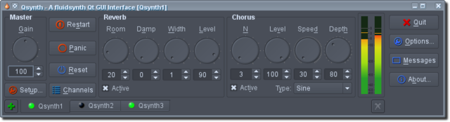 🕶️ A view of its IU (Qsynth), on a dark theme, with its potentiometers (reverb & chorus) and control knobs.

📚️ FluidSynth (& Qsynth UI) is a libre, multi-platform, command line synthesizer based on the SoundFont 2 & 3 (= 2 compressed in Vorbis) standard to interpret MIDI (Musical Instrument Digital interface) commands from a MIDI device or file. External graphical interfaces are also available (Qsynth, gmf_synth). On the other hand, FluidSynth-DSSI is a modification of FluidSynth, allowing it to be used as a plugin (in server mode) and thus to be integrated into sound processing chains.
