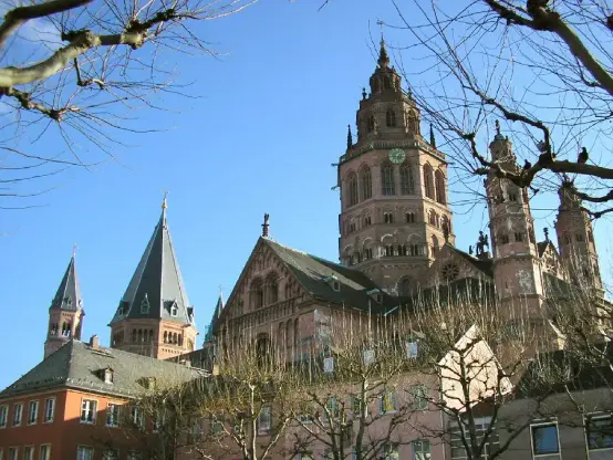 The image features a large historical building with distinctive architectural elements, including towers and spires. The structure appears to be made of light-colored stone, giving it a prominent appearance against the blue sky. There are also trees in the foreground, which may be bare or nearly bare, suggesting it is either early spring or late autumn. This building looks like it has significant historical or cultural value. If you have specific questions about it, feel free to ask!

Image Credits: Wikimedia / Moguntiner / CC BY-SA 3.0