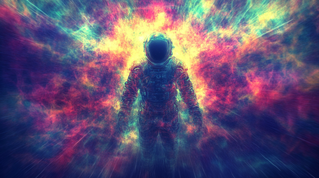 Écho d’un Horizon Final
Un astronaute solitaire dérive devant une explosion cosmique de lumière et de couleurs psychédéliques dans l’infini de l’espace.
A lone astronaut drifts before a cosmic burst of psychedelic light and color in the infinity of space.