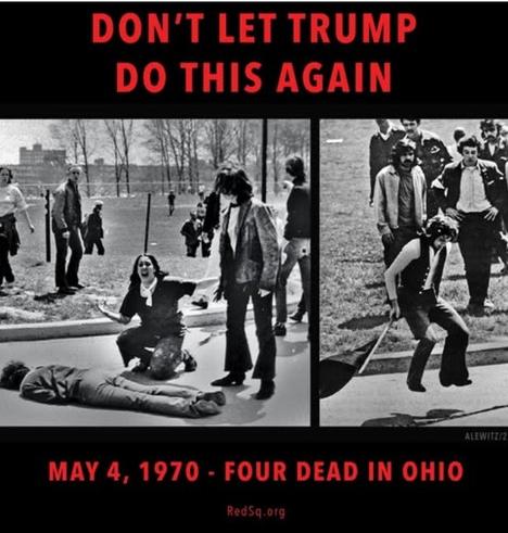 Mike Alewitz collage of 2 photos from Kent state. The first is John Filo's Pulitzer Prize-winning photograph of Mary Ann Vecchio kneeling over the dead body of Jeffrey Miller minutes after the unarmed student was fatally shot by an Ohio National Guardsman. By John Paul Filo, who was a journalism student at Kent State University at the time - © 1970 Valley News-Dispatch, Fair use, https://en.wikipedia.org/w/index.php?curid=193415

The 2nd shows Mike Alewitz, in a white arm band, at the scene of the massacre.