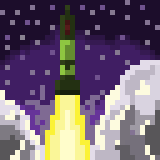 A green cylindrical rocket ship firing its large main engine, plumes of smoke bellow out on either side as it takes off into a deep purple sky. Stars are seen filling the darker regions of space. The image is drawn in pixel art.