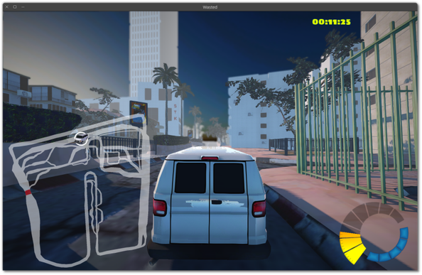 🕶️ A view of its UI (on my Linux PC) with a white van on an urban map. The trees are animated by the wind, and a mini-map visualizes the turns to be negotiated. The graphics are magnificent (light mist, reflection of the sun on the vehicle, cast shadows, etc.). 

📚️ Wasted! is a libre, multi-platform vehicle combat game in arenas and online, inspired by GTA Derby Destruction. It's also possible to train solo on the track. It currently (in development) offers 2 circuits, 6 vehicles, several soundtracks (radios to which the player connects), high-quality graphics, gamepad support and force feedback. Each vehicle has its own characteristics (speed, roadholding thanks to a physics engine), a nitro mode (for lightning acceleration) and can be customized (color). A very good and promising game.