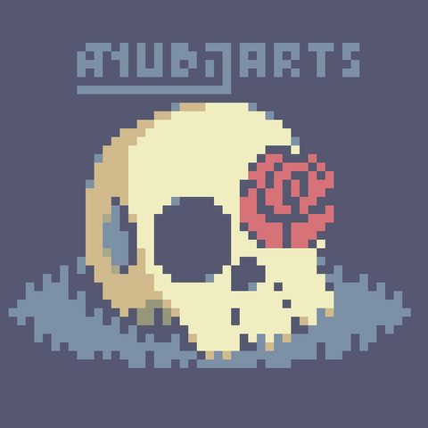 A Pixel Art featuring a skull lying down on the grass, with a rose popping out through one of the eye holes.