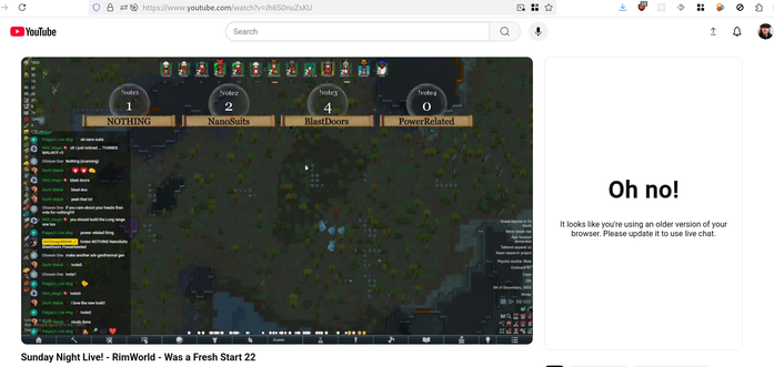 Screenshot of a Youtube video showing "Oh no! It looks like you're using an older version of your browser" instead of the expected chat window