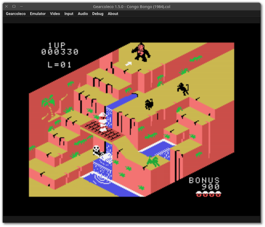🕶️ A view of its UI (on a dark theme, under Linux) with the game Congo Bongo, a 2.5D platform game with gameplay similar to Donkey Kong where the objective is to catch the monkey Bongo at the top of the mountain.

📚️ Gearcoleco is a libre, multi-platform Colecovision emulator with the emphasis on emulation precision. It requires the use of an external BIOS (no HLE BIOS available). Features include support for console peripherals (ColecoVision Super Game Module (SGM), MegaCart ROMs, Super Action Controller (SAC), Wheel Controller and Roller Controller), drag & drop content, compressed content, save state, 2 controllers, automatic game/sound interrupt on loss of focus. It also offers a comprehensive debugger. An excellent emulator.