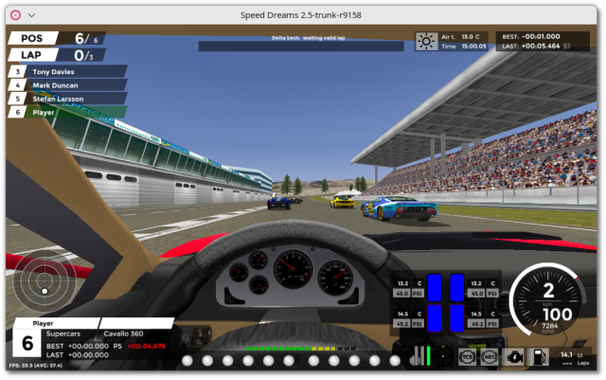 🕶️ A car race (in FPS view, from the player's car) at the start: the cars pass in front of the spectators' stand.

📚️ Speed Dreams is a solo (4 types of AIs) / multiplayer, libre and multi-platform motorsport simulator. It features high quality graphics, an advanced physics engine, supports weather effects and tire wear, allows racing on many tracks (22) in a wide range of cars (82 divided into 16 balanced and consistent sets) with 6 game modes (Practice, Quick Race, Online Race, Single Event, Championship, Career). Finally, it supports many input devices (keyboard+mouse, multiple joysticks, wheel/pedal...) and display modes (full screen multi-monitor, windowed with resizable windows, ...).