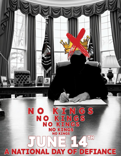 The president behind his desk in the Oval Office with a crown on his head with a red X through it