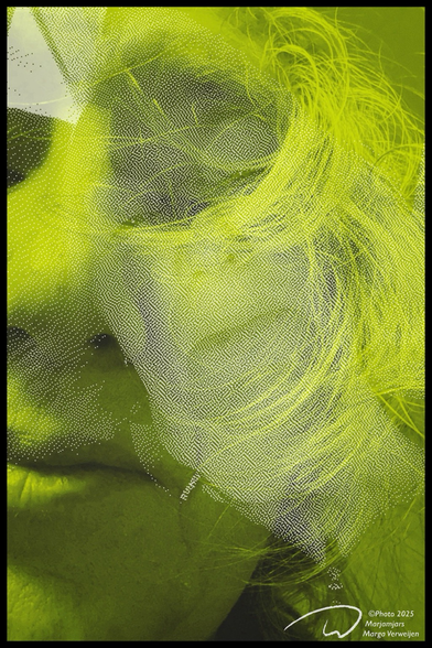 Multiple selfportrait collage in yellow, black and white.