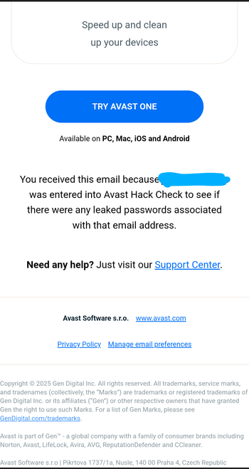 Screenshot of the footer of the email which shows this message: "You received this email because [redacted] was entered into Avast Hack Check to see if there were any leaked passwords associated with that email address."