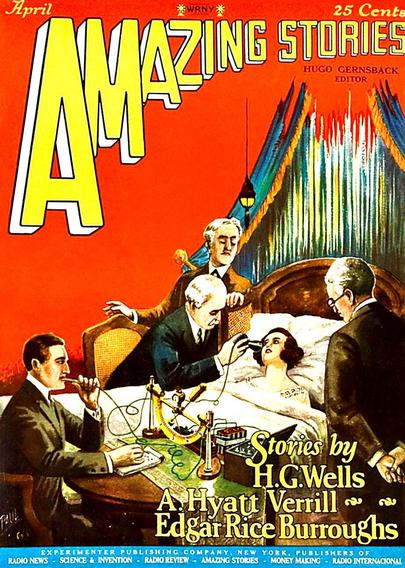 A number of older men in contemporary suits are examining a young woman lying in bed, one of them holding a hearing-tube device to her head, the other making notes at a machine which is connected to it, and to a device he's holding to his mouth.
Amazing Stories magazine cover from 1927.