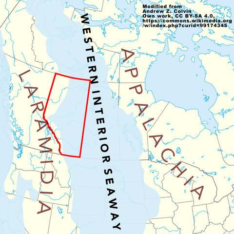 A map of North America during the cretaceous, with the outline of Alberta highlighted in red. It's clear what the very western part of the province is above water, but the rest is covered by the Western Interior Seaway.
